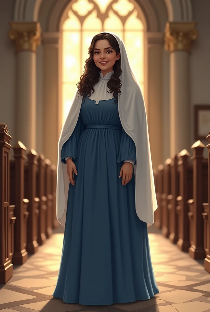 17 year old chubby girl smiling, white skin and brown eyes with almost long curly dark colored hair standing in a catholic church , with a light blue dress Modest and long and without necklines , and a veil used in masses for single women