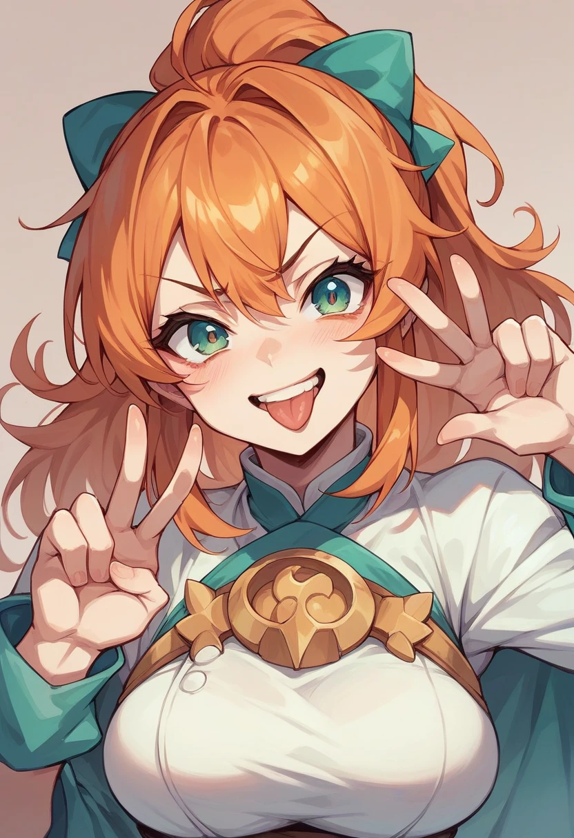 Tsundere ponytail Japanese beauty with orange hair Wearing a white dress The dress has the word METAPLANET printed all over it as a pattern Making a double peace sign Winking Sticking out her tongue Smiling big