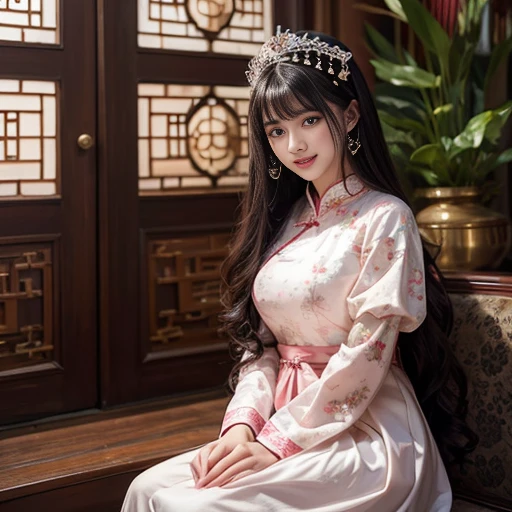 best quality, Delicate face,beautiful visual work, lifelike, eternity, black hair, Long curly hair, blunt bangs, Smile, Detailed Background, Delicate face,pink blush,cold,((masterpiece))、(top quality)、8k、high detail、Super detailed,21 years old female,Wearing Chinese cheongsam、Seductive and whimsical style、masterpiece、born、Scenes resembling fairy tale illustrations、Intricate details and complex designs、Beautifully、magic、capricious、 Beautifully、Dream aesthetics、「𝓡𝓸𝓶𝓪𝓷𝓽𝓲𝓬、ethereal、charming、fickle、magic」、Realism、Visual effects、FXAA、SSAO、Shaders、voiceless、ambient lighting、Tone mapping、High resolution、Ultra high quality、Million pixels、(8K resolution:1.10)、8k、Below 8K、8K resolution、high detail、intricate details, (high quality:1.2、masterpiece:1.2、:1.21)、(21 years old female:1.21)、(Smile excitedly)、(Surrounded by the dreamy atmosphere、Model diagram,full-body shot,Normal 2 feet,Don't show your fingers