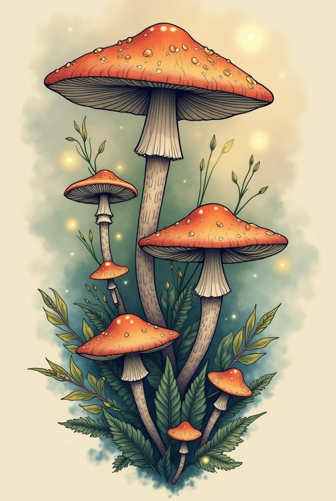Mushroom and mystical beings tattoo