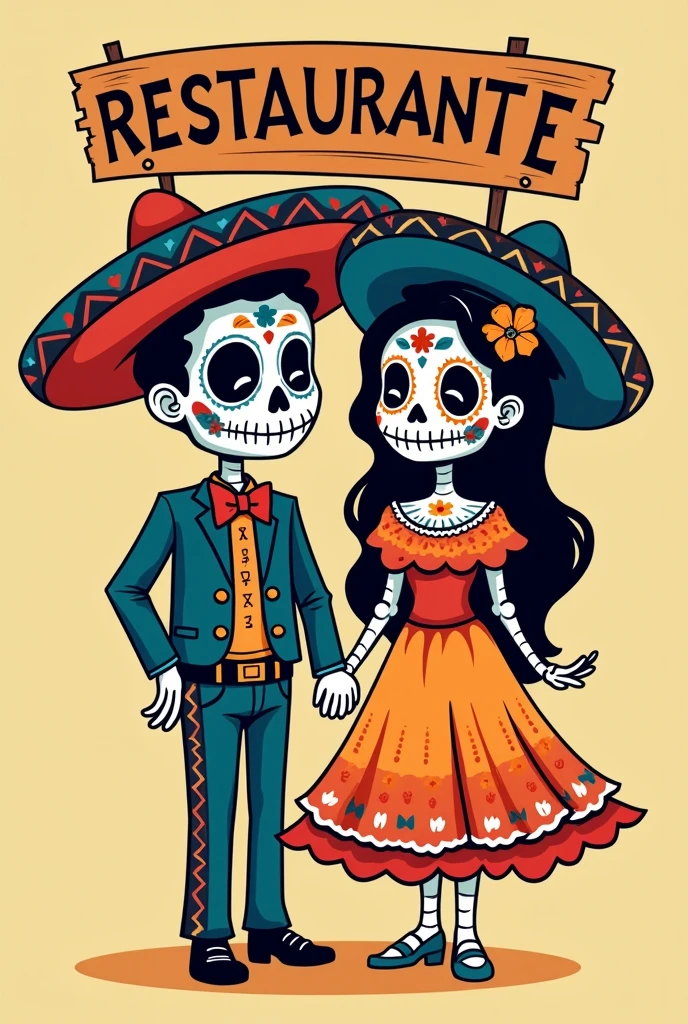 generates a small logo with a minimalist style for a restaurant chain, which includes elements such as skull boy and girl couple, wearing brightly colored mariachi costumes, smiling, Mexican Day of the Dead cartoon style with a sign above them saying Restaurante de Nephy