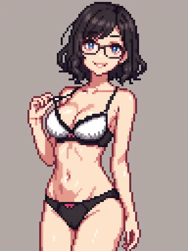(((alone))), (A very cute 20 year old young woman from Japan), ((delicate hair black)), ((messy side wave short hair)), (((Slender and slender body type))), small breasts, glasses, lingerie, white bra, (((clean hands))),(curly hair),(((very kind smile))), (((I do not have a girlfriend wearing panties))), (((She wears sexy bra))), (( highest quality, 16km race, pieces fly: 1.3)), light shines on your face, super detailed face, highly detailed lips, fine eyes, glasses