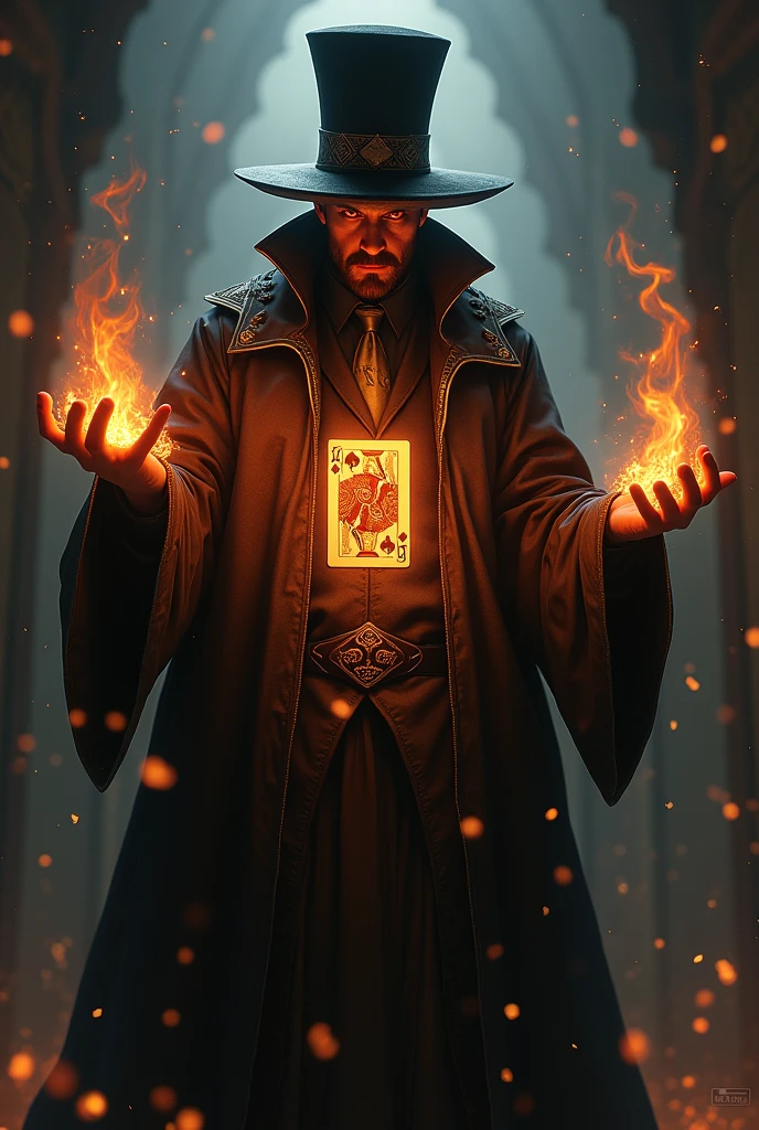 Create a Magician , red-eyed, wearing a magician's hat and showing a card on fire and sparks