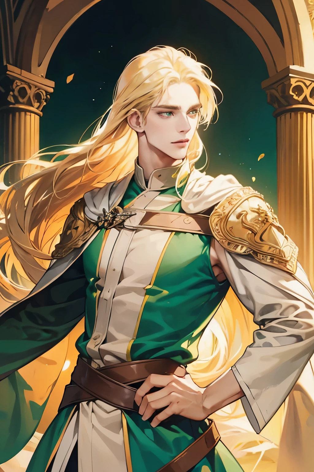 handsome masculine man, green eyes, ash blond hair, shoulder length long hair, green medieval noble clothes, light skin