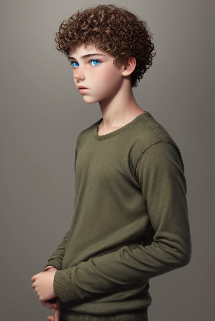 I want a super realistic image of a  boy, with olive skin tone, appealing, curly hair and magnificent blue eyes
