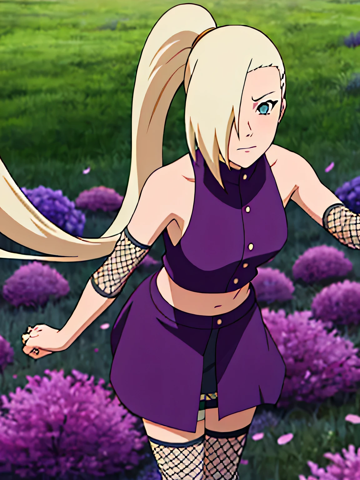 Ino Yamanaka, Ino Shippuuden, Underarms, hair over one eye, high ponytail, blue colored eyes, work of art, standing alone, 1 girl, sleeveless, top cropped roxo, fishnet stocking, bared shoulders, trunk, purple petals falling, Jutsu pose, field with purple flowers behind