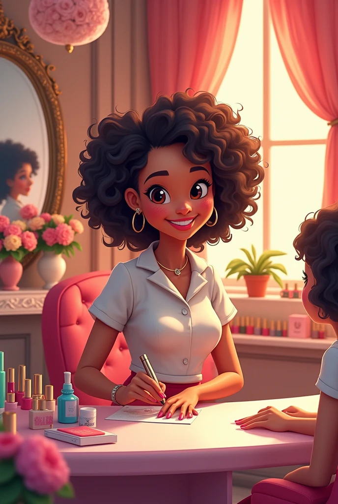 Manicurist girl in beauty salon, curly red hair,  animated cartoon