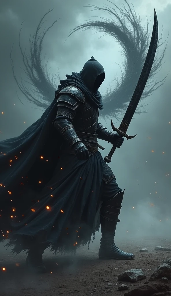 "A warrior in dark shadow armor brandishes a long sword stained black, surrounded by swirling shadows. The warrior is in the middle of a series of intense and swift slashes, each strike being a friction of dark energy. Leaving behind a trail of sparks, a giant sword remains in the background, a dark crescent slash cuts through the air, creating a powerful shockwave. The environment is a dimly lit battlefield, where shadows engulf the ground and the air crackles with dark energy. ”