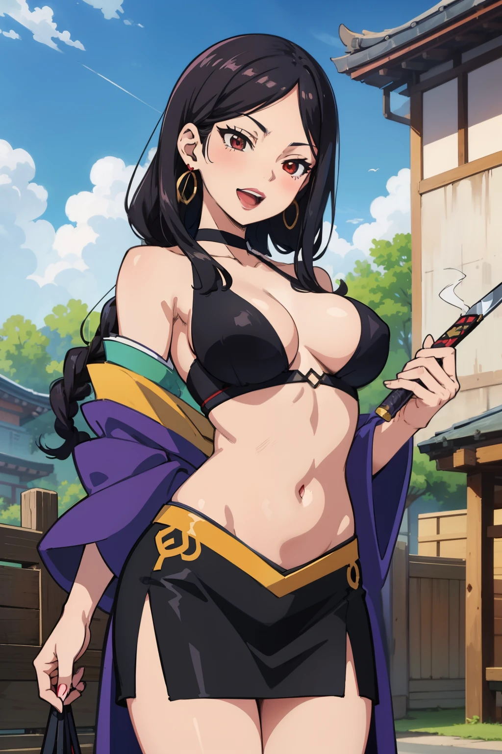 drmikoto, black hair, red eyes,mature female,lips, long hair, blush, lipstick, jewelry, earrings, Hot girl, baddie, bad attitude, mean girl, crazy, smoking, sensual, attractive , masterpiece, best quality, highly detailed, a anime girl in kimono dress ,holding sword, bare
shoulder,open kimono, evil smile, open mouth, crop top , smile, ecchi anime
style, anime girls, ecchi style, ecchi, digital anime art!!, in anime style, official artwork, visual novel cg,
beautiful anime girl, anime style 4 k, kimono pencil skirt, exposed belly, exposed navel,
exposed midriff, exposed lower belly, outdoor, japanese architecture, temple