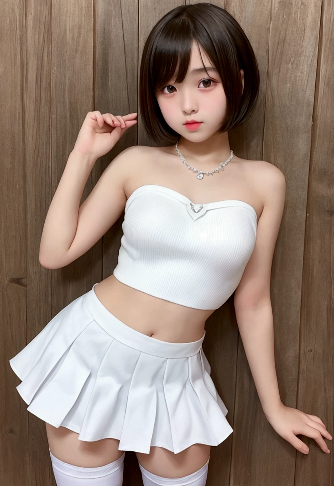 short hair、Very beautiful 14 year old cute girl、Sexy and very beautiful、Very cute face,extremely beautiful、White strapless vest、miniskirt、Knee socks、Lean forward、Pout your hips