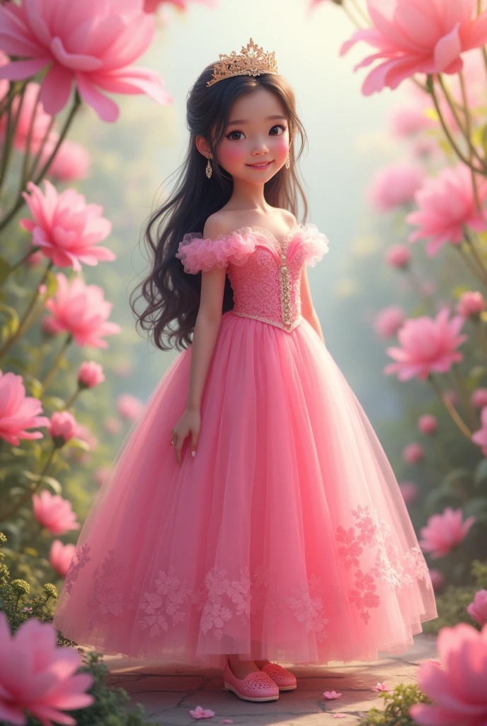  real pinay  girls  7  semi ponytail hair with gown princess pink with shoes pink standing with flowers background princess pink with flowers  