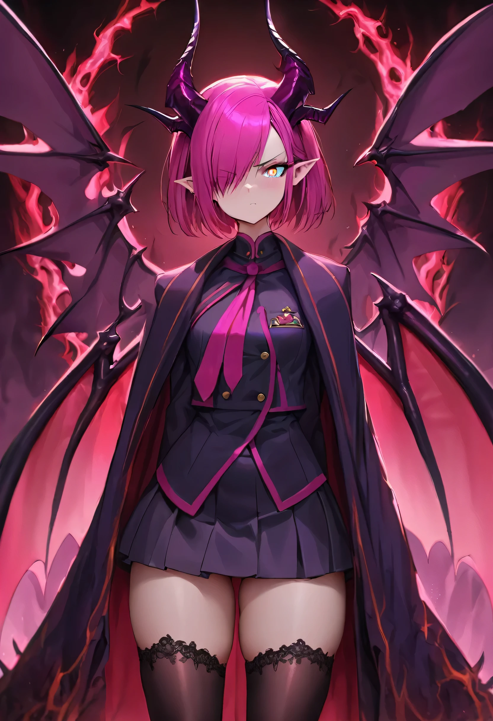 masterpiece, detailed, Best Quality, Girl , fuchsia hair , high, uniforme colegial , dragon wings , Skirt , thigh high stockings , demonic horns, short hair , hair covers one eye , pointy ears , serious , magia infernal , feminine , good body, magnet colored eyes , strong , long cape , alone , elegant