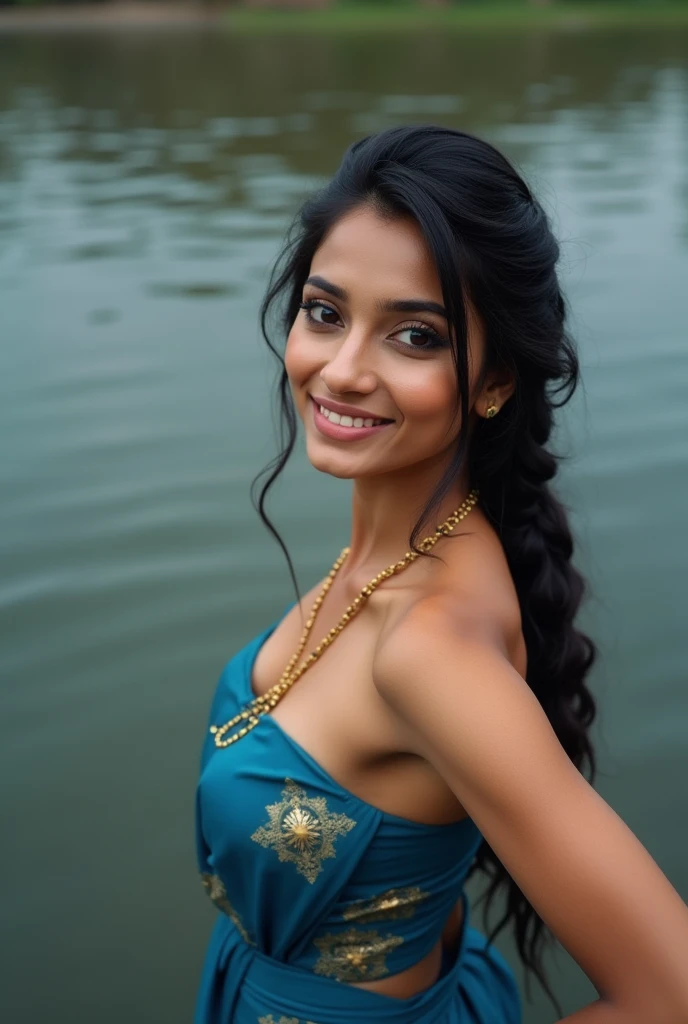 close up photo of 25 years old pooja hegde, doing hand to big penis lying on river, swooping breasts, deep cleavage, look at camera, blue saree, French braid hair, 4K, HD
