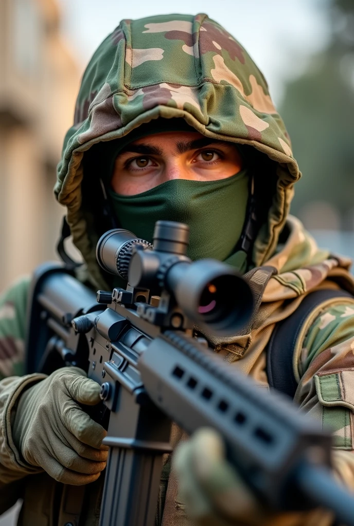 in palestine a hamas soldier carry a sniper rifle wears a woodland camo with a mask with brown eyes
 

 