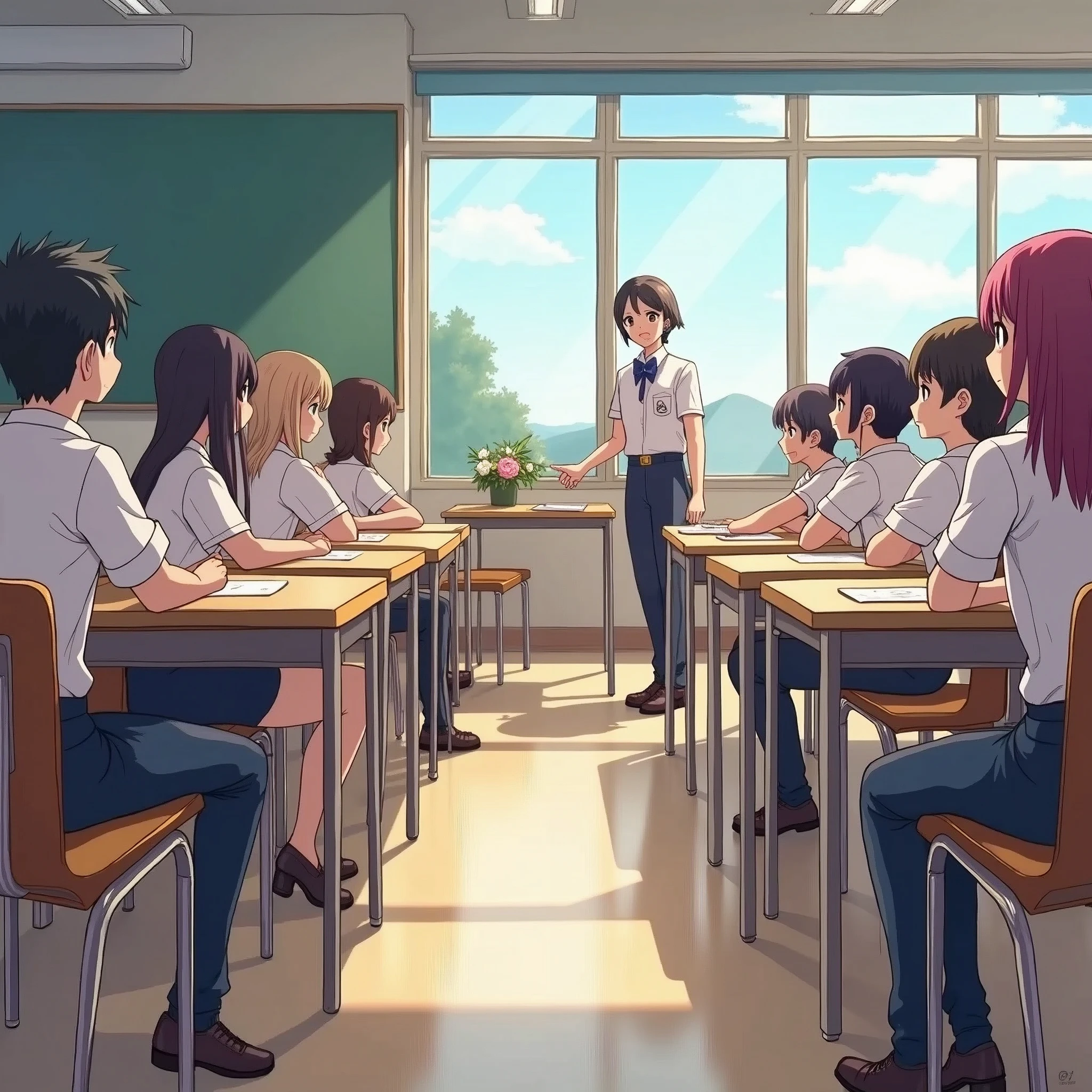 Anime in school , anime class background class, class with students, 