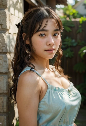 (highest quality,masterpiece:1.3,ultra high resolution),(Super detailed、caustics) (Photoreal:1.4, RAW shooting、)ultra-realistic capture、very detailed、natural skin texture、masterpiece、(summer dress:1.3)、1 Japanese girl、adorable expression、expression of happiness、、young face、surprisingly cute、twin tails、curly hair、black hair、Scrunchie、light makeup、Big breasts that are about to burst、Middle school student's favorite pose、Photographed in a private garden、Shining thighs、summer sunshine、smile、inviting gaze、