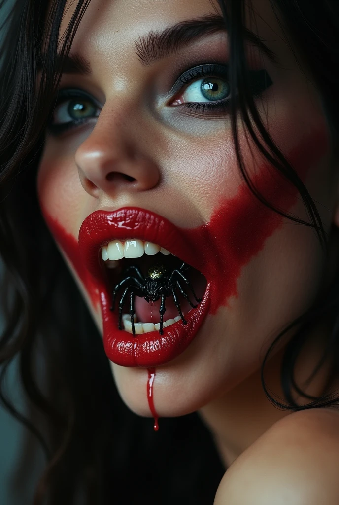 evil sexy woman with poisonous spider inside her mouth 