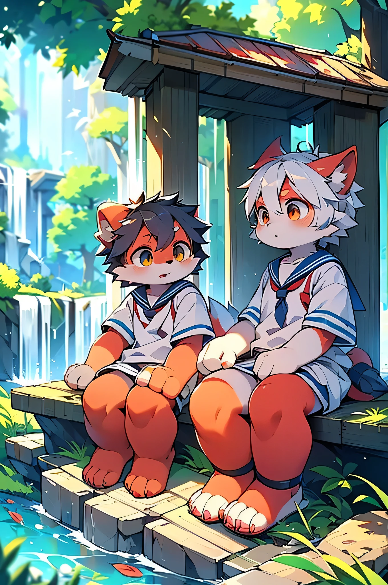 Dagashi,Hair growing all over the body,Red fur,Red face,Gray Hair,Male puppies,Libido boy,Red face fur,Fluffy tail,,Shining Eyes,Panoramic View:1.2,Character Focus,((Wearing a sailor uniform,River side,waterfall,nature,beautiful))