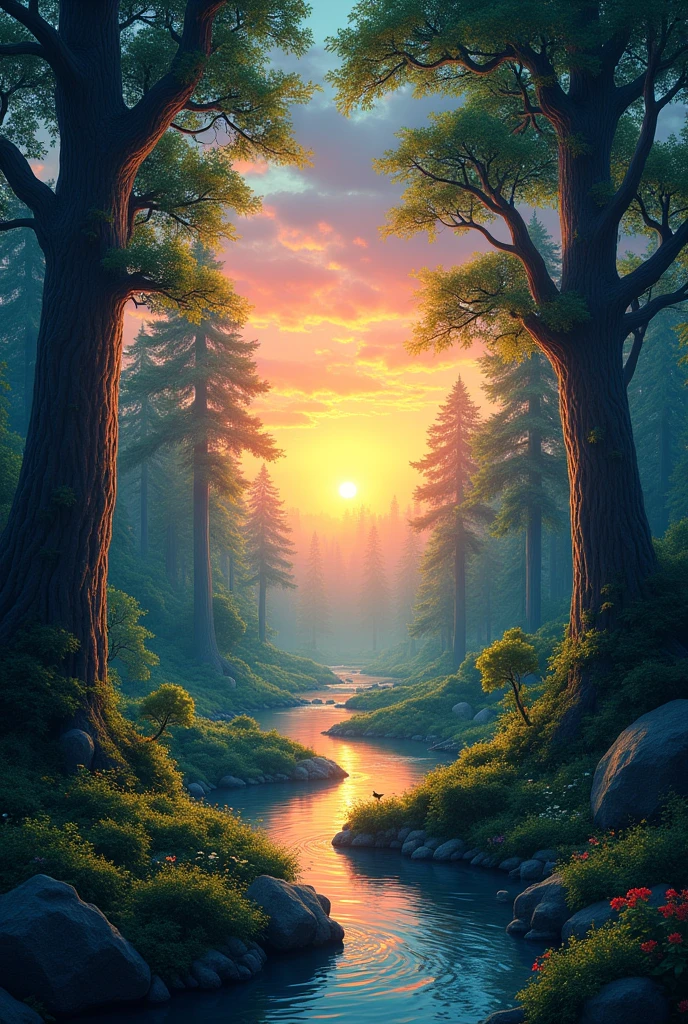 Colorful sunrise forest