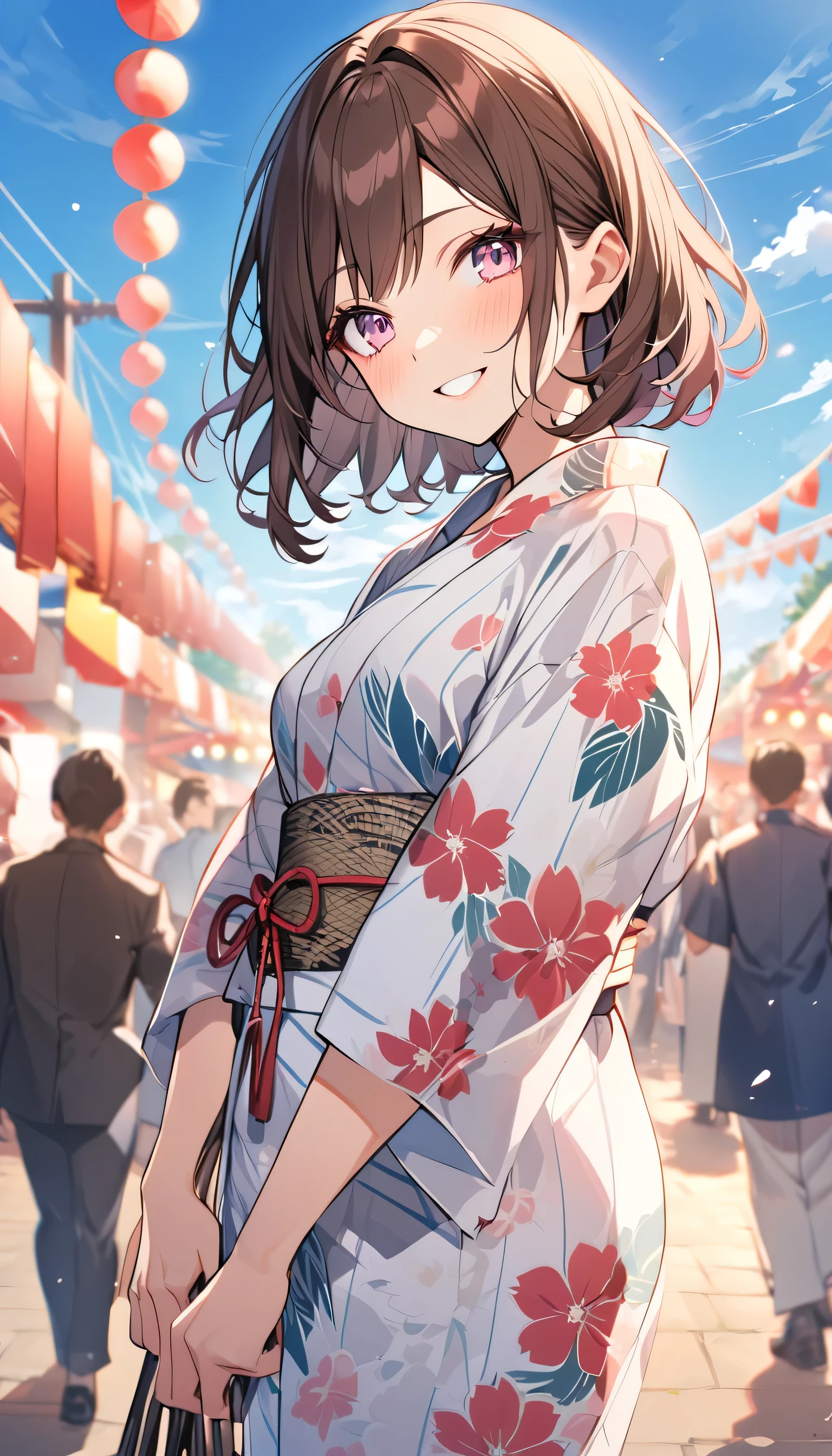 good looking, alone, 1 female, Medium Hair, Dark brown hair, Pink highlights on the tip, Pale pink eyes,Smile Facial,yukata,blue sky,festival