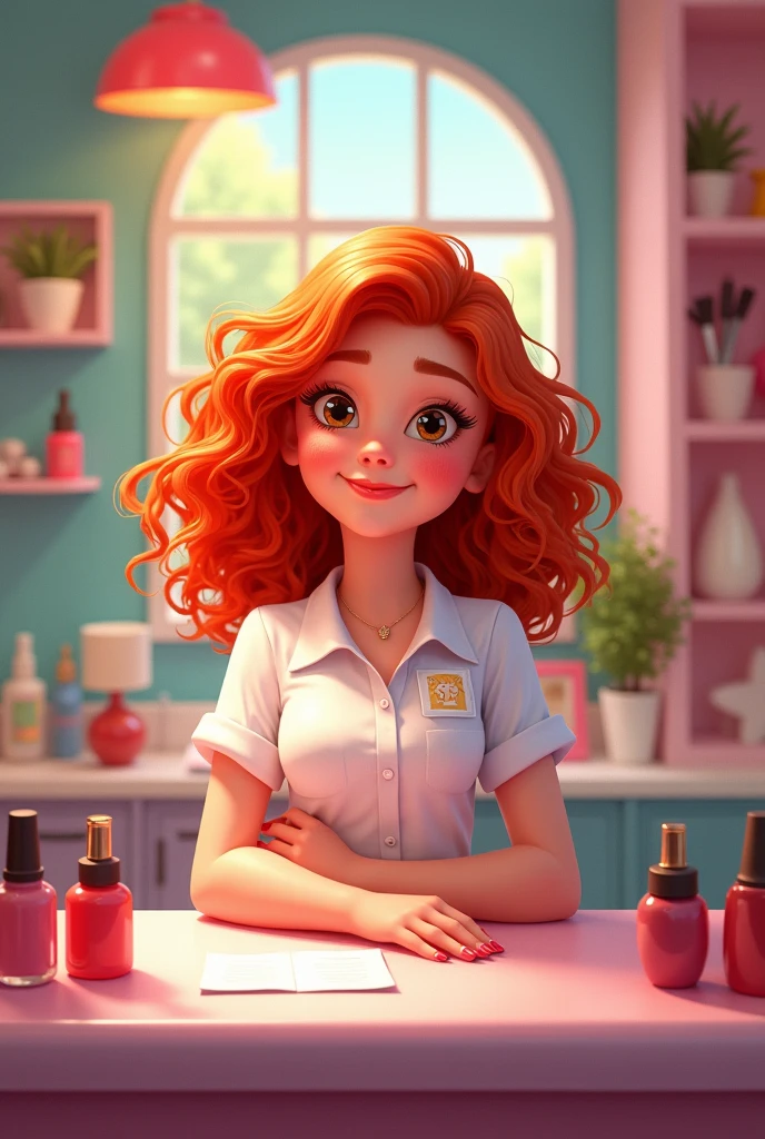 Manicurist girl in beauty salon, curly red hair,  White skin, chubby girl, animated cartoon