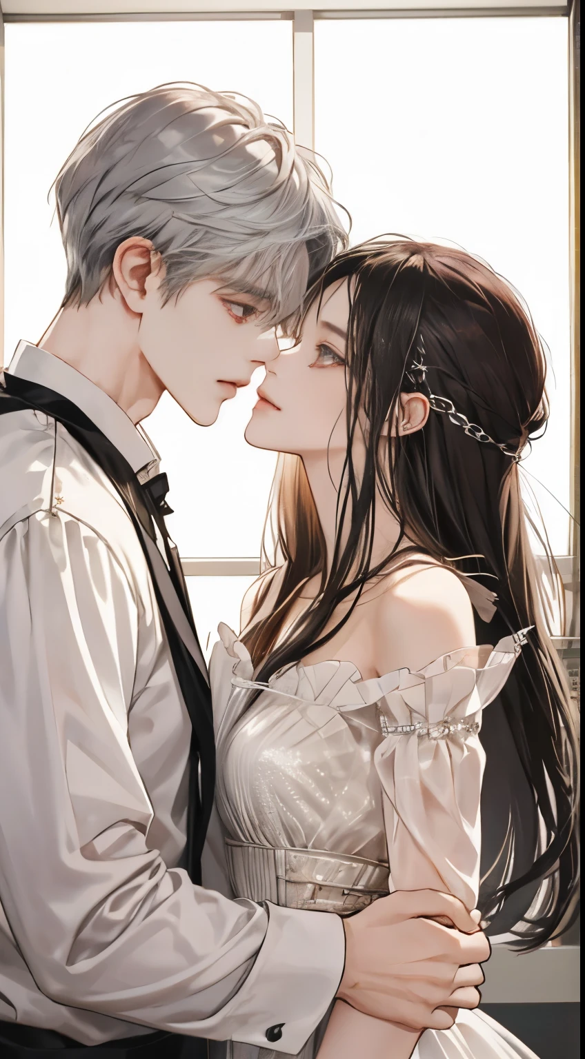 (extreamly delicate and beautiful:1.2), 8K, (tmasterpiece, best:1.0), Two male, One female, Upper body body, black-haired, silver hair, red dark hair, love triangle, 2 male 1 female - love triangle