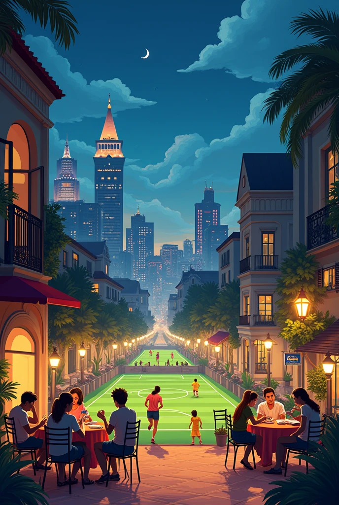 Create an image that describes your taste for the city, go out at night, study, playing soccer and walking in Panama City 