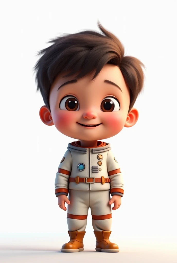 a happy and cute boy with short hair, wearing a space costume, white background, the child, Tom, Pixar Style, 3d, cartoon, detailed face, asymmetric, (best quality,4k,8k,highres,masterpiece:1.2),ultra-detailed,(realistic,photorealistic,photo-realistic:1.37),HDR,UHD,studio lighting,ultra-fine painting,sharp focus,physically-based rendering,extreme detail description,professional,vivid colors,bokeh