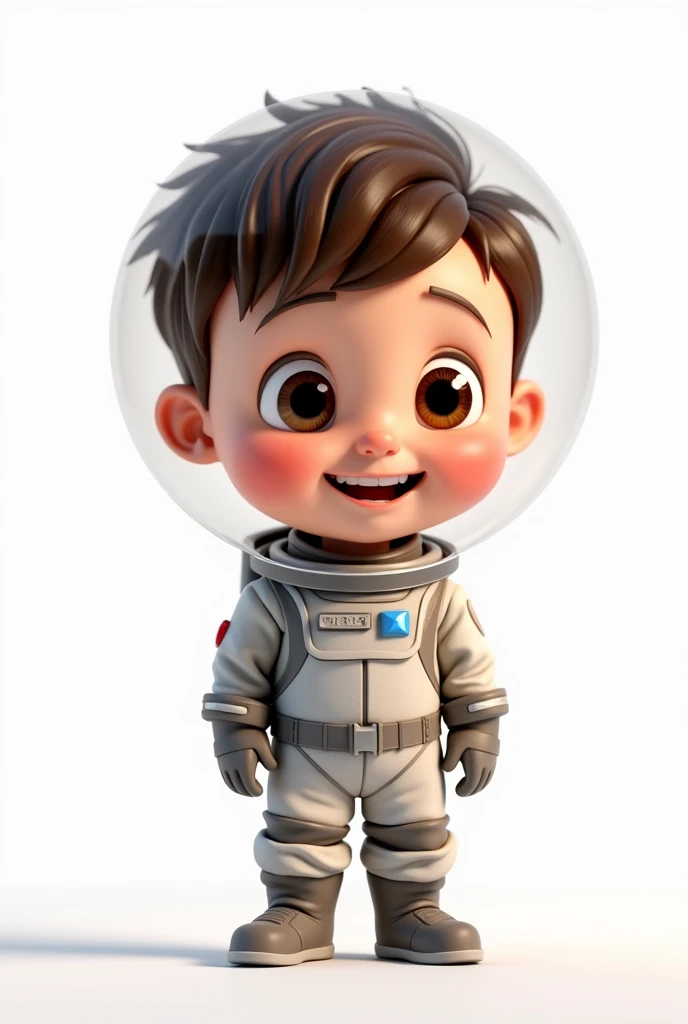 a happy and cute boy with short hair, wearing a space costume, white background, the child, Tom, Pixar Style, 3d, cartoon, detailed face, asymmetric, (best quality,4k,8k,highres,masterpiece:1.2),ultra-detailed,(realistic,photorealistic,photo-realistic:1.37),HDR,UHD,studio lighting,ultra-fine painting,sharp focus,physically-based rendering,extreme detail description,professional,vivid colors,bokeh