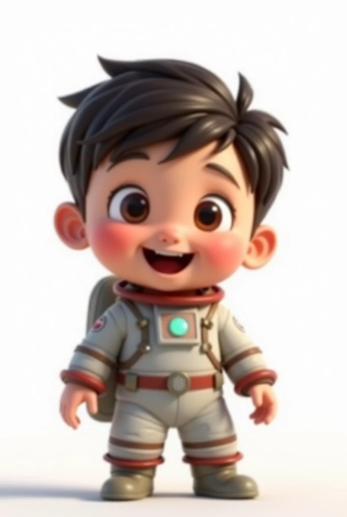 a happy and cute boy with short hair, wearing a space costume, white background, the , Tom, Pixar Style, 3d, cartoon, detailed face, asymmetric, (best quality,4k,8k,highres,masterpiece:1.2),ultra-detailed,(realistic,photorealistic,photo-realistic:1.37),HDR,UHD,studio lighting,ultra-fine painting,sharp focus,physically-based rendering,extreme detail description,professional,vivid colors,bokeh