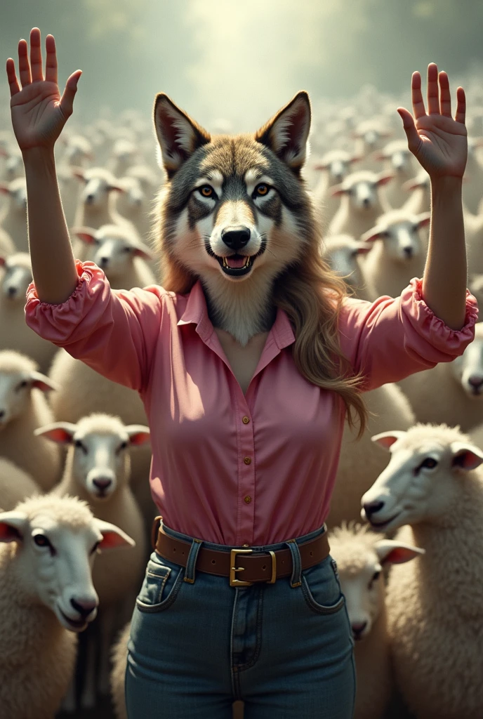 A sexy animal wolf of medium build dressed in pink soberly with a blouse up to the neck,with a haughty look and a drooling mouth, trying to convince an audience of crazy sheep who are obsessing over her, with arms raised to the sky as a candidate for elections