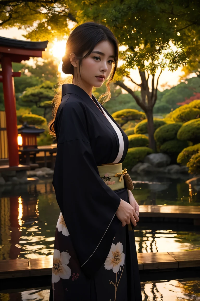 Stand in a Japanese garden、Beautiful woman、Large breasts、(View your audience)、nature、Black Kimono、Japanese clothing、Skin details、real、Dim Lights、mystery、Sunset