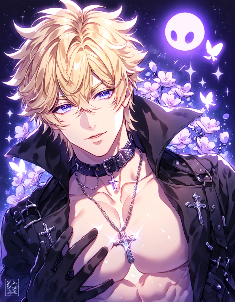 absurdres, highres, ultra detailed, HDR, master piece, best quality, Frau, blonde hair, spiked hair, hair between the eyes, expressive blue eyes, 07 Ghost, solo, sexy man, handsome, sensual, manly man, black trench coat with high collar, collar, cross necklace, showing the chest, fantasy, black gloves, magical, shining, purple flowers, blossoms, water, purple petals, purple butterflies, sparkling, purple moon, starry sky