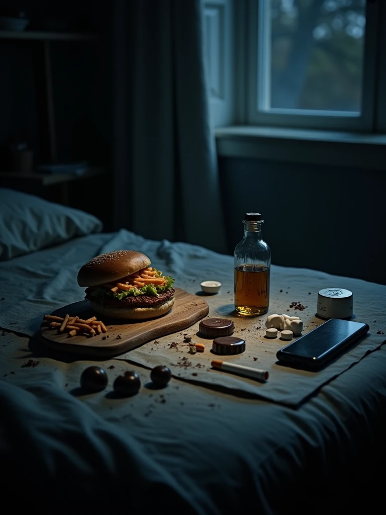A dark table with a fast food, whiskey, cigarrete, chocolate, pills and a smartphone. Night aesthetic, bedroom ambient, bad illumination, night vicious addicted