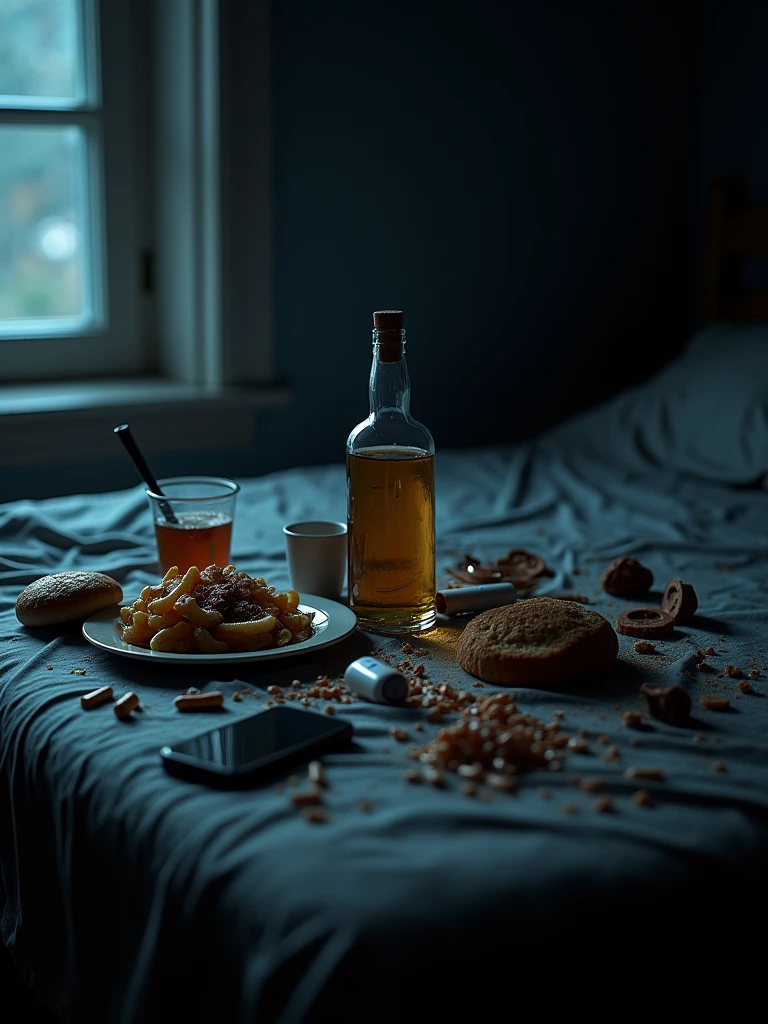 A dark table with a fast food, whiskey, cigarrete, chocolate, pills and a smartphone. Night aesthetic, bedroom ambient, bad illumination, night vicious addicted