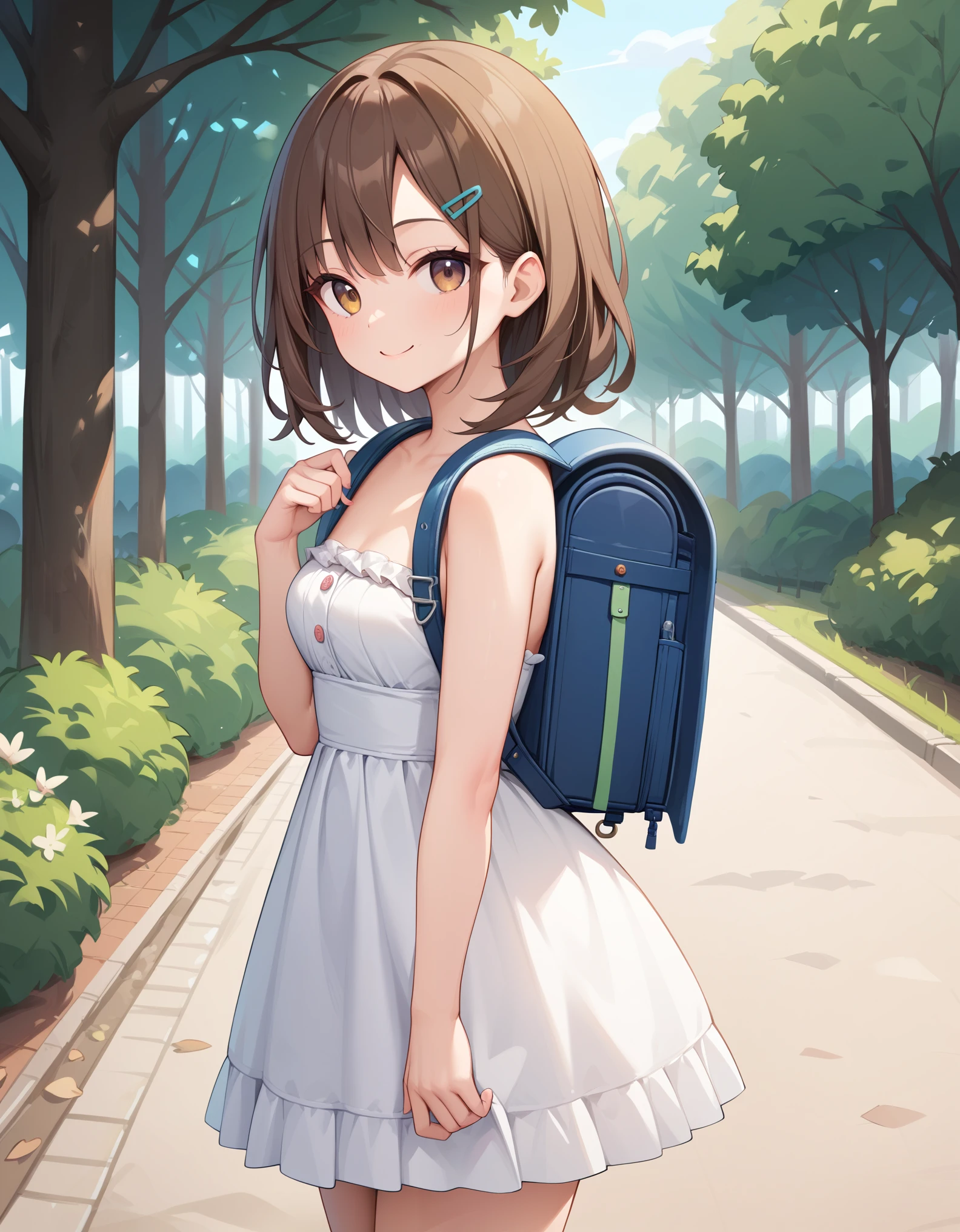 Masterpiece, hd, 1girl, best quality, brown hair, medium hair, hair clip, smile, wearing strapless dress, wearing travel backpack, square backpack, square shape backpack, (backpack:1.2), outdoor, park