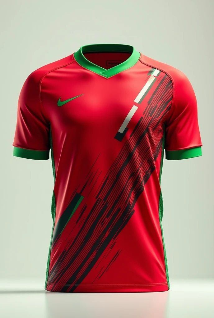 Red football shirt with green borders and black and white lines