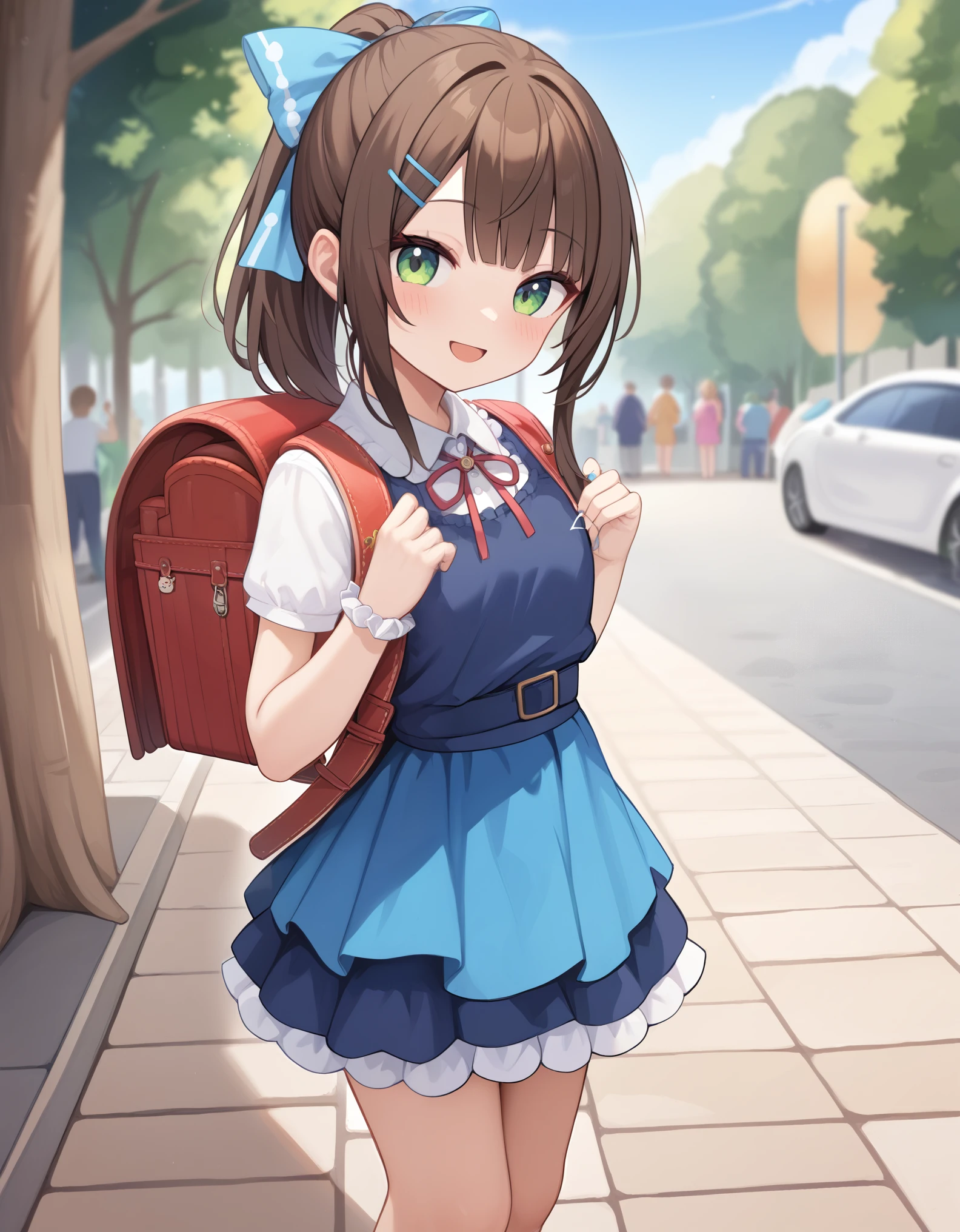 Masterpiece, hd, 1girl, cute girl, 6 y.o girl, ,120 cm body height,  best quality, brown hair, medium hair, hair clip, smile, wearing party dress, party costumes, ponytail, hair ribbon, hair clip, frilled dress, wearing randoseru backpack, (randoseru backpack:1.2), outdoor, park