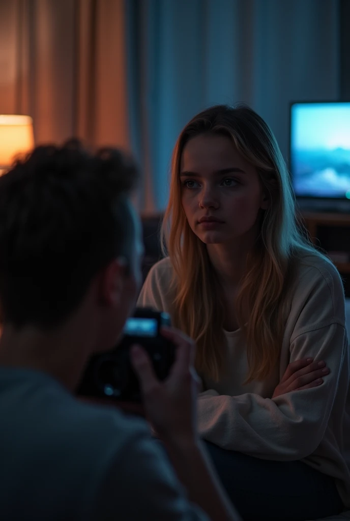 A girl looking while watching TV while her boyfriend takes a picture of her from behind with the lights off and without showing their faces