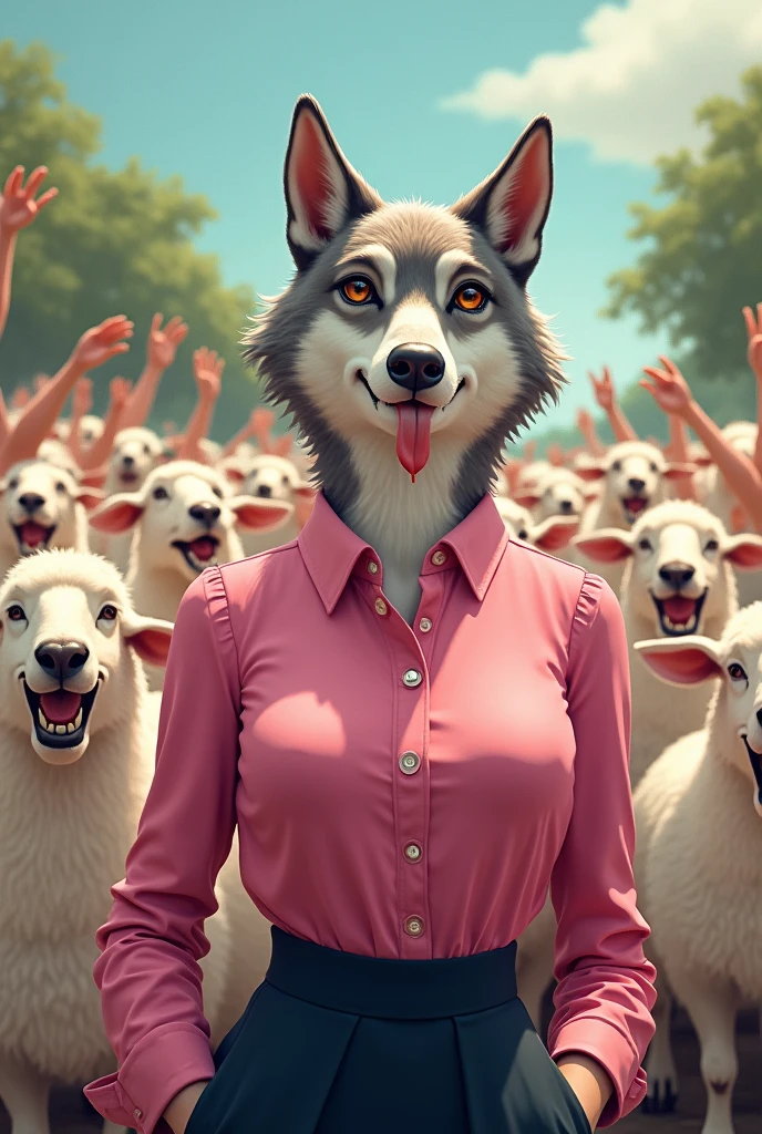 A y animal wolf of medium build dressed in pink soberly with a blouse up to the neck,with a haughty look and a drooling mouth, trying to convince an audience of happy sheep who are cheering her on, with arms raised to the sky as a candidate for elections