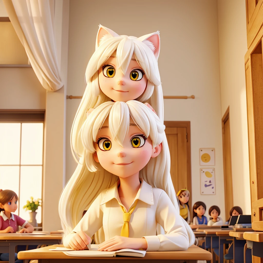 A beautiful girl is sitting in her classroom, with long white hair and beautiful yellow eyes and white cat ears.