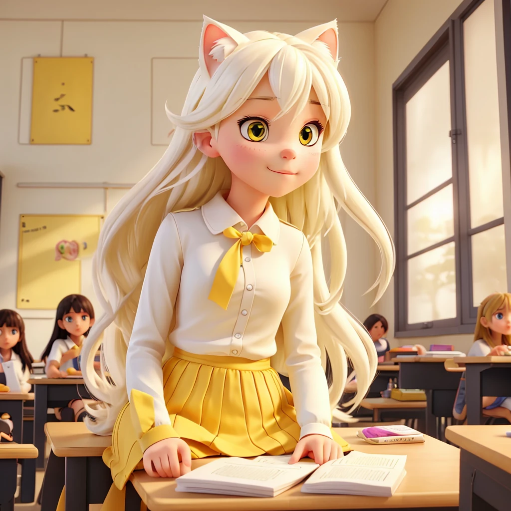 A beautiful girl is sitting in her classroom, with long white hair and beautiful yellow eyes and white cat ears.