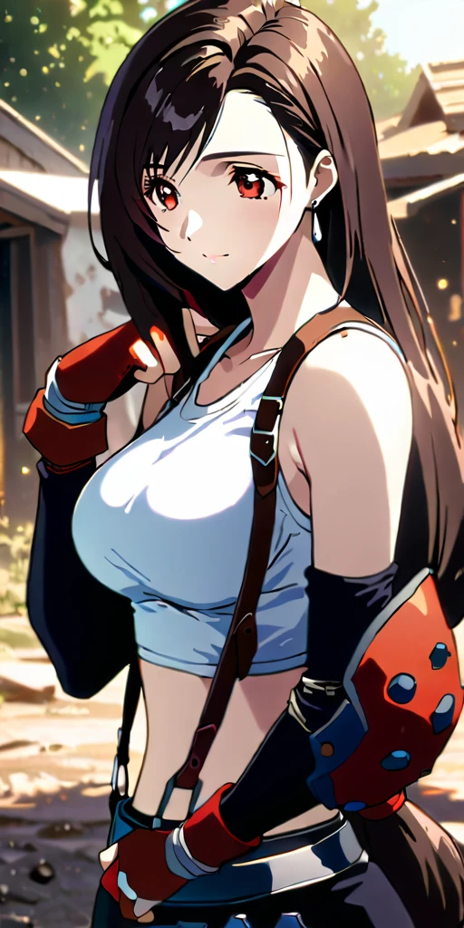 (((((tifa lockhart,Final Fantasy 7:1.5))))),((Highest quality、masterpiece、anime style、best quality、high resolution、8k、detailed、ultra-detailed:1.3))、Long legs:1.2, Beautiful woman with perfect figure:1.4、(Smiling:1.2), double eyelid、30-year-old female、((((One Woman,beautiful face,Beautiful face、Outdoor,upper body:1.5)))),Big Breasts、High resolution, accurate, Anatomically correct, High-resolution model, high quality, Very detailed, Ultra high definition、Black Hair、Straight Hair、Long Hair,Red open finger gloves,(Uplifting、action、contrapposto pose、dynamic、dynamicポーズ、dynamic motion:1.5)、(((((speed lines、action lines,movement,dynamism:1.0)))))、円を描く様な水のエフェクト