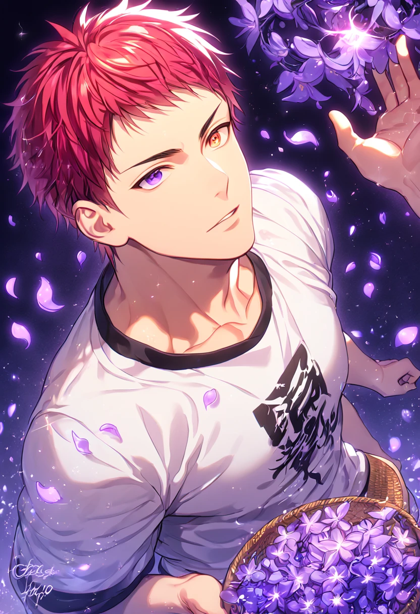 Ultra detailed, HDR, Highres, absurdres, master piece, Akashi Seijuro, bright red hair, short bangs, heterochromia, expressive red right eye, left orange eye, white jersey, white shirt, Kuroko No Basket, sexy man, handsome, purple flowers, petals, fantasy, magical, purple leaves, handsome, best quality, glittering, sensual, horny, water, purple shining fireflies, solo, manly man,