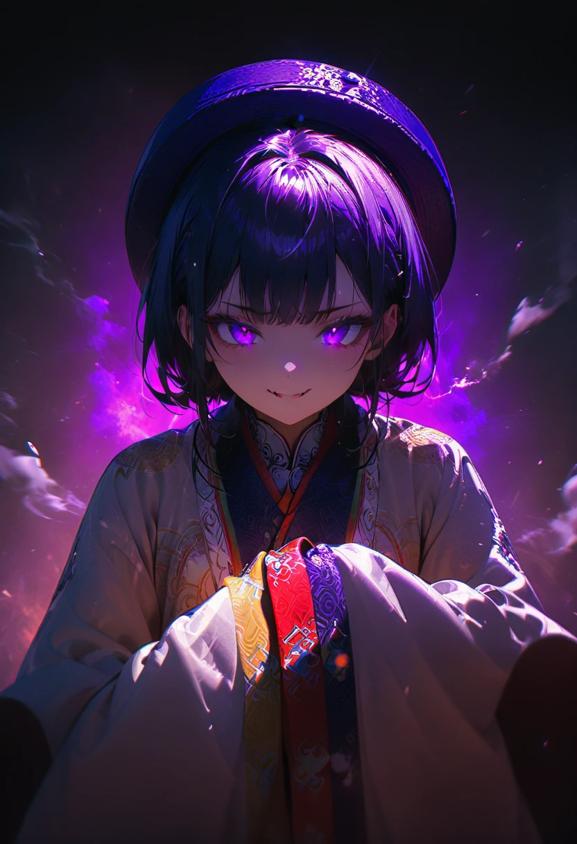 (masterpiece, best quality:1.2), super detailed, extreme detailed, portrait, 1girl, solo, beautiful face, short black hair with bang, glowing purple eyes, detailed eyes, pretty lipstick, spider fangs, smirk, evil expression, standing, nhat binh clothing, hat, long sleeves, wide sleeves, POV, white fog background, East Asia Theme, soft focus, cowboy shot, DeepNegative_xl_v1