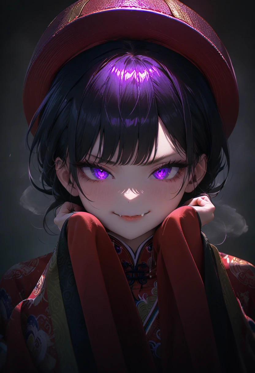 (masterpiece, best quality:1.2), super detailed, extreme detailed, portrait, 1girl, solo, beautiful face, short black hair with bang, glowing purple eyes, detailed eyes, pretty lipstick, spider fangs, smirk, evil expression, standing, nhat binh clothing, hat, long sleeves, wide sleeves, POV, white fog background, East Asia Theme, soft focus, cowboy shot, DeepNegative_xl_v1