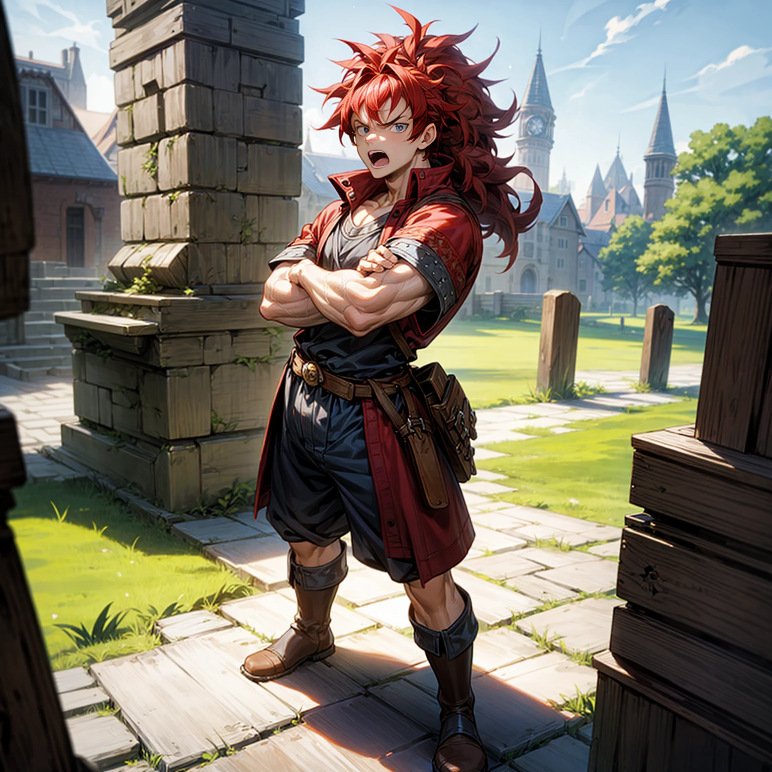 Solo character, full body version, young man, big muscle, blue eyes, red hair, long curly mohawk, casual clothing, short pants, Boots, outdoor, village, medieval, morning, standing gesture, detailed background, detailed clothing, detailed hair, angry eyes, open mouth, (one piece style art)