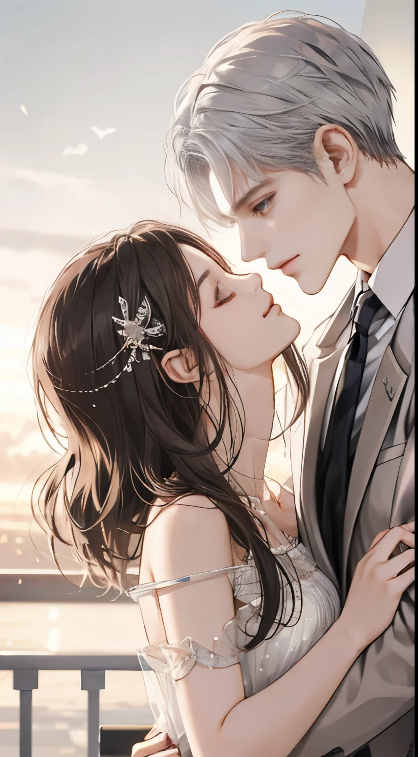 (extreamly delicate and beautiful:1.2), 8K, (tmasterpiece, best:1.0), Two male, One female, Upper body body, black-haired, silver hair, red dark hair, love triangle, 2 male 1 female - love triangle