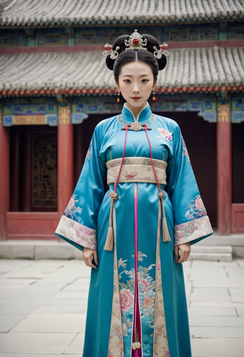 A woman seen from the front, standing full-body, facing forward, wearing a crown and floral hairpin of a Qing dynasty empress in the Chinese imperial court of the Qing dynasty, showing her chest, lower abdomen, thighs and feet。She is wearing no underwear, and her large breasts are exposed, right down to her bare stomach. Her body is tied up and pulled up, and the background is the stone pavement of the Chinese palace during the Qing dynasty.
