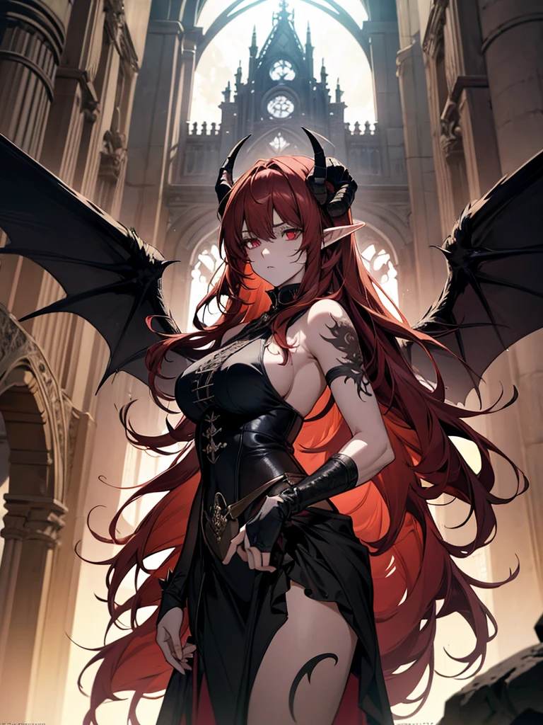 (masterpiece, high quality, highly detailed, anime style) 
Demon woman, 30s, goat-like horns, long red hair, red eyes, fair skin, pointed elf ears, beautiful curves, intricate tattoos. Large tattered fallen angel wings. Revealing black medieval-style clothing. Stands in a crumbling castle after battle, showing fatigue and injuries. Dramatic pose with arms open. Dark tones, dramatic lighting, twilight or dawn sky.